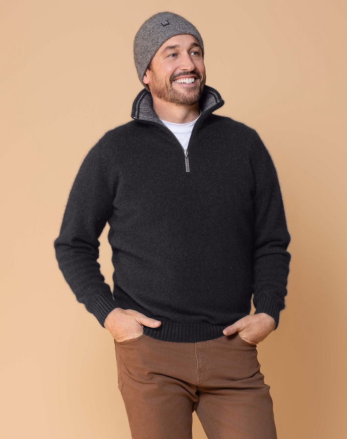 Possum and Merino  NW1095 Mt Tasman II - Core zip neck style with a twist.  Contrast inside collar with pinstripe finish.  Composition - 40% Possum Fur, 53% Merino, 7% Silk