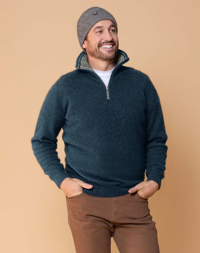 Possum and Merino  NW1095 Mt Tasman II - Core zip neck style with a twist.  Contrast inside collar with pinstripe finish.  Composition - 40% Possum Fur, 53% Merino, 7% Silk