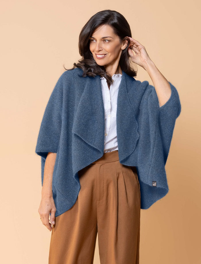 Possum and Merino
NW3082 Longline Wrap - A plain classic longline wrap.  The Longline Wraps have the extra advantage of being able to be worn two ways, vee neck to the back or upside down with the open vee to the bottom.
Composition -40% Possum Fur, 53% Merino, 7% Silk.
One Size Fits All