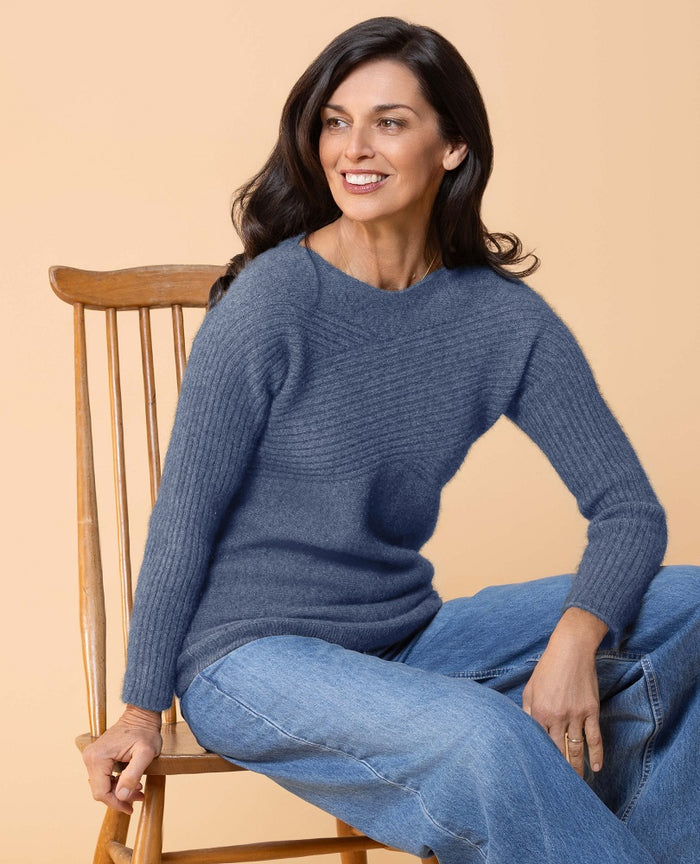 Possum and Merino  NW3108 Crossover Crew Fashion fitted style, relaxed wide neck with crossover rib detail on body and sleeves. WholeGarment seamless construction. Composition - 40% Possum Fur, 53% Merino, 7% Silk