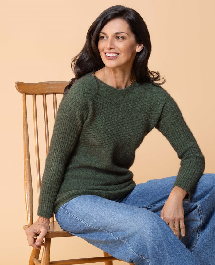 Possum and Merino  NW3108 Crossover Crew Fashion fitted style, relaxed wide neck with crossover rib detail on body and sleeves. WholeGarment seamless construction. Composition - 40% Possum Fur, 53% Merino, 7% Silk