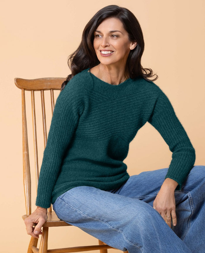 Possum and Merino  NW3108 Crossover Crew Fashion fitted style, relaxed wide neck with crossover rib detail on body and sleeves. WholeGarment seamless construction. Composition - 40% Possum Fur, 53% Merino, 7% Silk