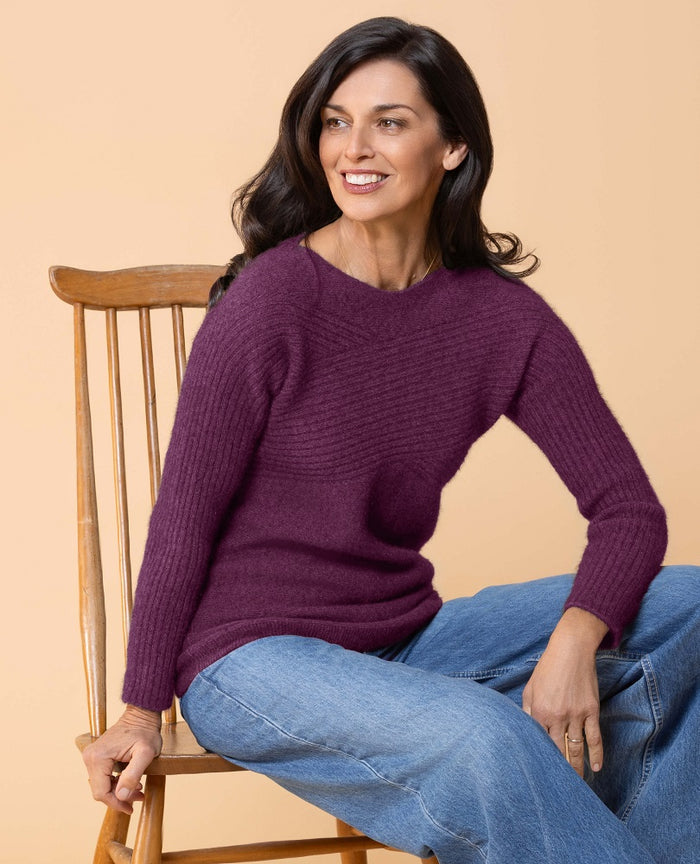 Possum and Merino  NW3108 Crossover Crew Fashion fitted style, relaxed wide neck with crossover rib detail on body and sleeves. WholeGarment seamless construction. Composition - 40% Possum Fur, 53% Merino, 7% Silk