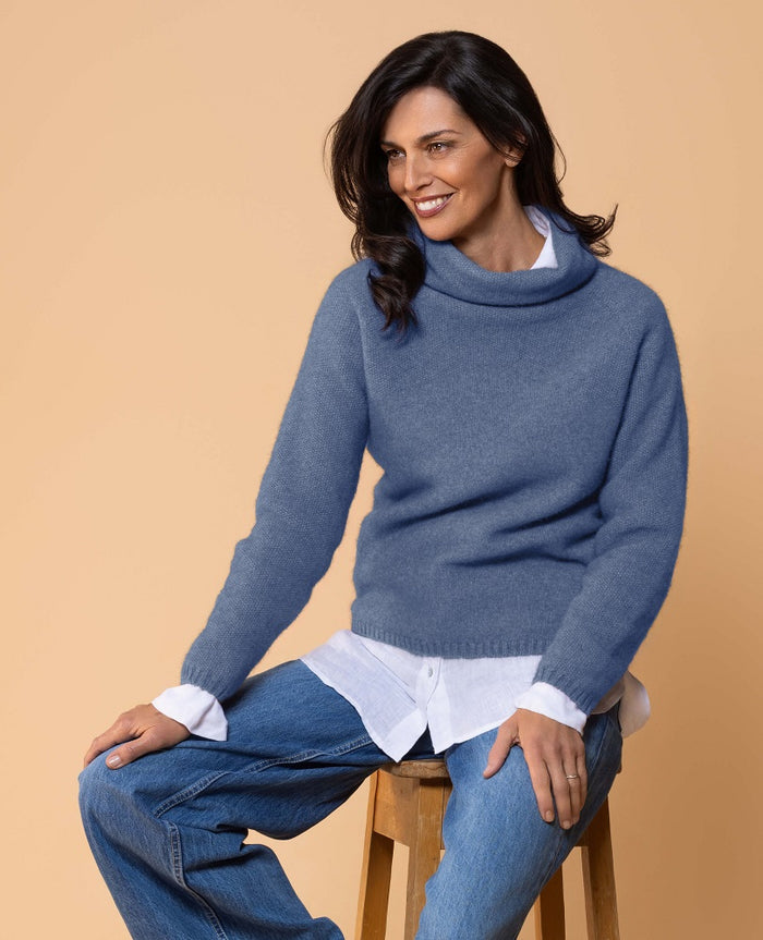 Possum and Merino  NW3126 Moss Stitch Cowl - Relaxed knit cowl neck, moss stitch detail across front and shoulders providing a subtle detail variation.  WholeGarment seamless construction.   Composition - 40% Possum Fur, 53% Merino, 7% Silk