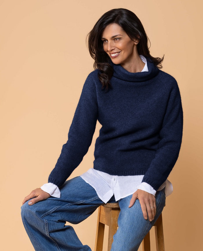 Possum and Merino  NW3126 Moss Stitch Cowl - Relaxed knit cowl neck, moss stitch detail across front and shoulders providing a subtle detail variation.  WholeGarment seamless construction.   Composition - 40% Possum Fur, 53% Merino, 7% Silk