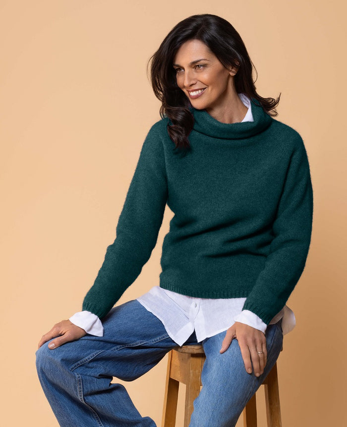 Possum and Merino  NW3126 Moss Stitch Cowl - Relaxed knit cowl neck, moss stitch detail across front and shoulders providing a subtle detail variation.  WholeGarment seamless construction.   Composition - 40% Possum Fur, 53% Merino, 7% Silk