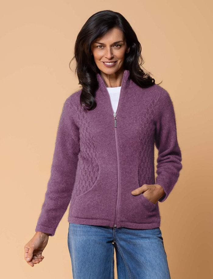 Possum and Merino  NW3149 Honeycomb Jacket - A new twist on the Market Day Jacket, with introduction of the Honeycomb inset side panels.  Composition - 40% Possum Fur, 53% Merino, 7% Silk
