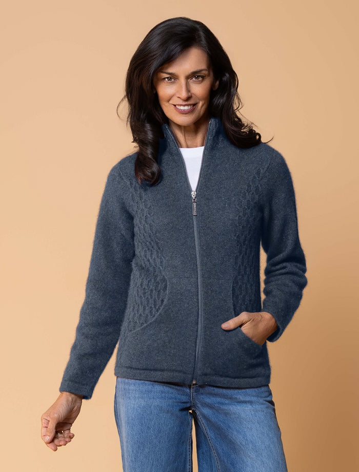 Possum and Merino  NW3149 Honeycomb Jacket - A new twist on the Market Day Jacket, with introduction of the Honeycomb inset side panels.  Composition - 40% Possum Fur, 53% Merino, 7% Silk
