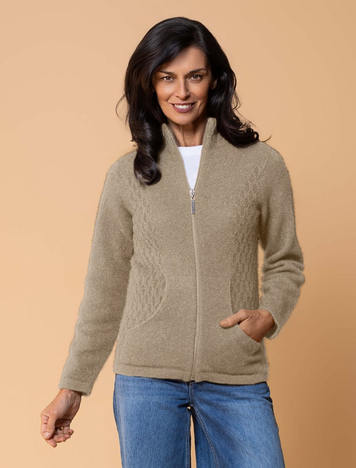 Possum and Merino  NW3149 Honeycomb Jacket - A new twist on the Market Day Jacket, with introduction of the Honeycomb inset side panels.  Composition - 40% Possum Fur, 53% Merino, 7% Silk