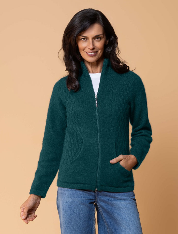 Possum and Merino  NW3149 Honeycomb Jacket - A new twist on the Market Day Jacket, with introduction of the Honeycomb inset side panels.  Composition - 40% Possum Fur, 53% Merino, 7% Silk