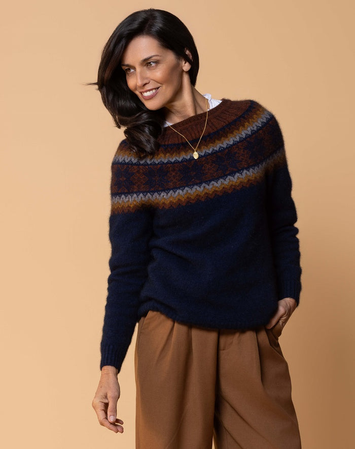 Possum and Merino  NW3177 Norwdarn Sweater - Inspired by the Nordic look gracing the catwalks of Europe for this winter, Whole garment knitting at it's best with multi layered parachute structure and Snow Flake design.  Composition - 40% Possum Fur, 53% Merino, 7% Nylon