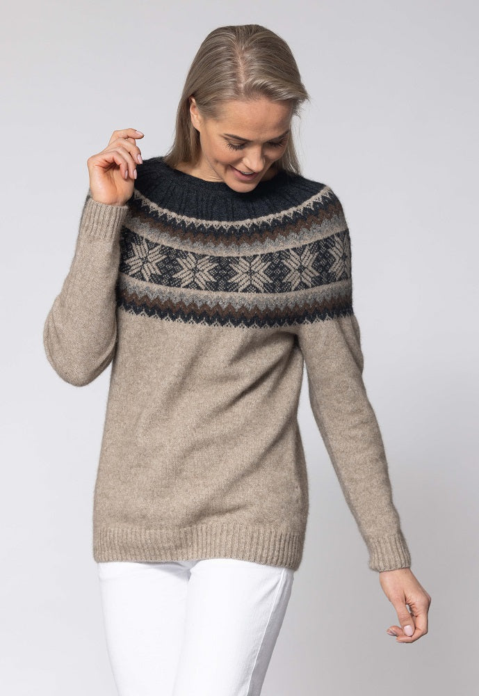 Possum and Merino  NW3177 Norwdarn Sweater - Inspired by the Nordic look gracing the catwalks of Europe for this winter, Wholegarment knitting at it's best with multi layered parachute structure and Snow Flake design.  Composition - 40% Possum Fur, 53% Merino, 7% Nylon