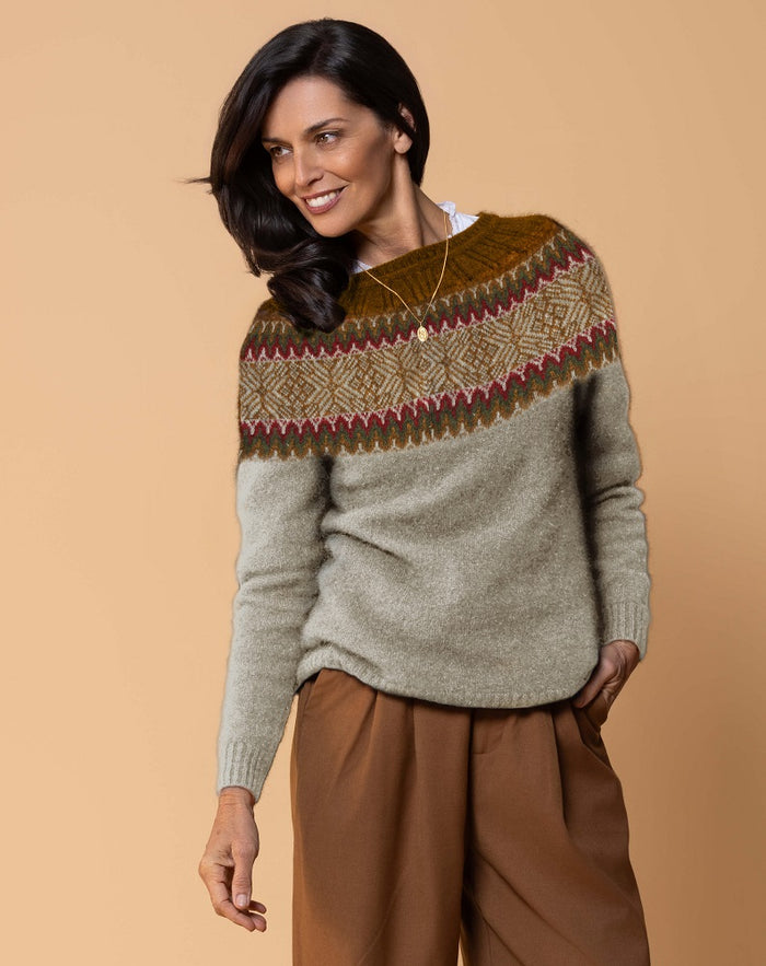 Possum and Merino  NW3177 Norwdarn Sweater - Inspired by the Nordic look gracing the catwalks of Europe for this winter, Whole garment knitting at it's best with multi layered parachute structure and Snow Flake design.  Composition - 40% Possum Fur, 53% Merino, 7% Nylon