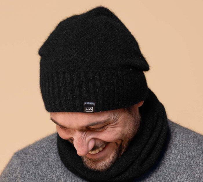 Possum and Merino  NW5073 Moss Baggie Beanie - UNISEX Fashion baggie beanie in plain knit with rib turn up.  Composition - 40% Possum Fur, 53% Merino, 7% Silk  One size
