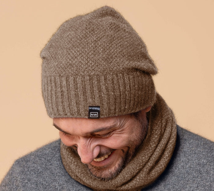 Possum and Merino  NW5073 Moss Baggie Beanie - UNISEX Fashion baggie beanie in plain knit with rib turn up.  Composition - 40% Possum Fur, 53% Merino, 7% Silk  One size