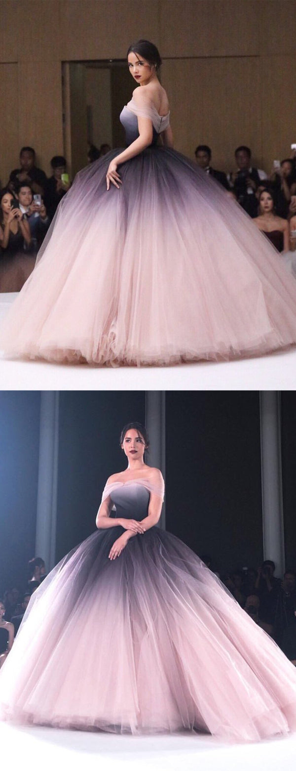 Off Shoulder Ombre Purple Pink Tulle Ball Gown Prom Dresses,PD00316