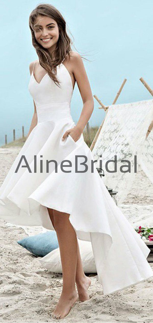 Off White Satin Spaghetti Strap High Low Beach Wedding Dresses, AB1547