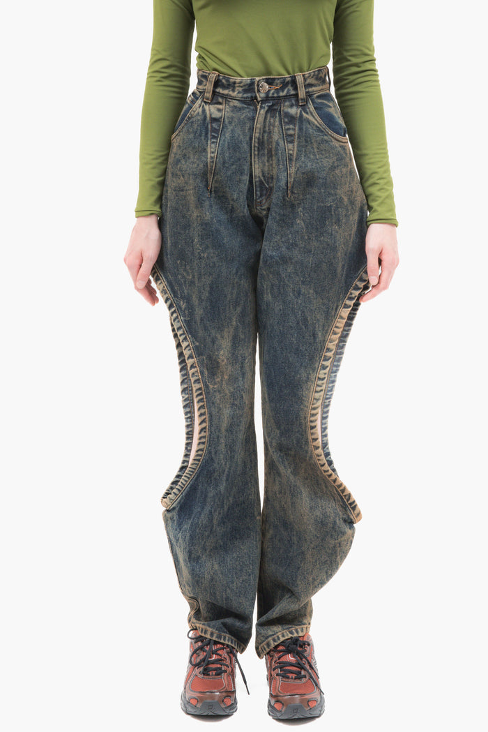 MANCANDY One Bite Jeans Dusty Blue in 100% cotton denim featuring a signature side cut-out, sculpted front pleat detail and embroidered back pocket logo.