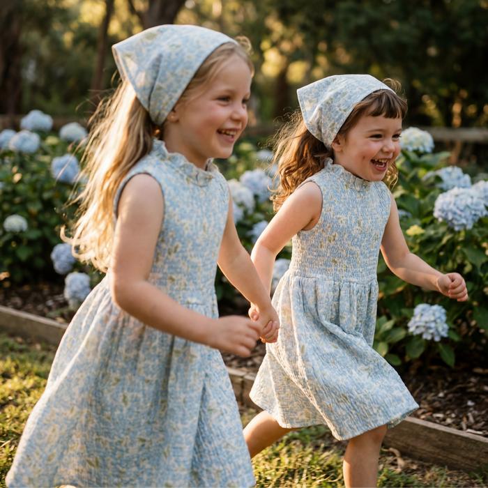 Petit Playa Organic Cotton Adaline Dress in Hydrangea print, breathable organic cotton clothing for babies and girls
