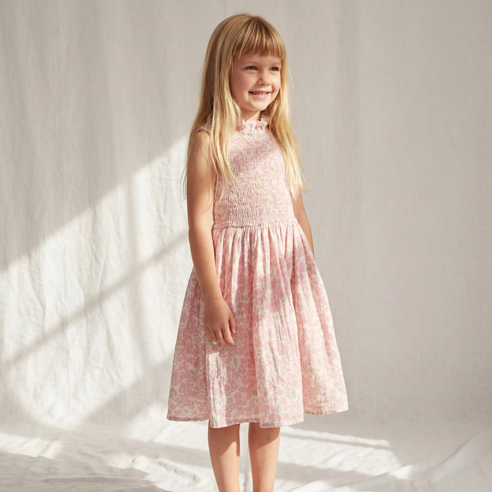 Petit Playa Organic Cotton Adaline Dress in Peony print, breathable organic cotton clothing for babies and girls