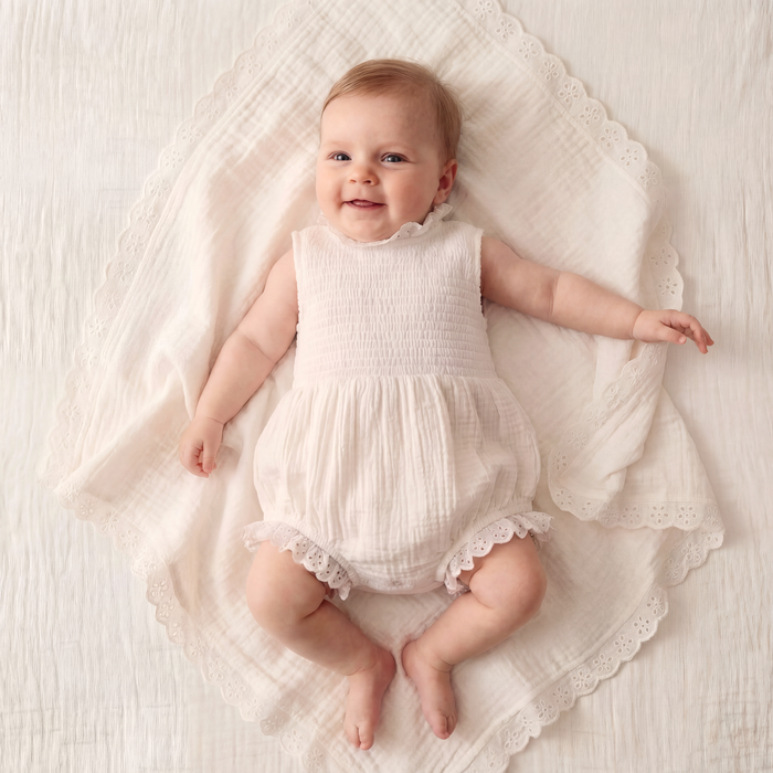 Petit Playa Organic Cotton Adaline Romper in Gardenia print, breathable organic cotton clothing for babies and girls — image 7