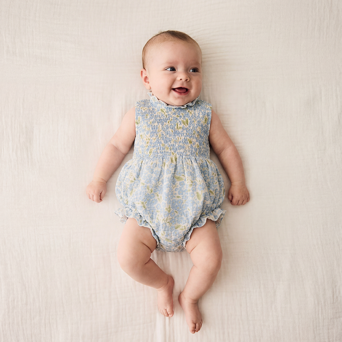 Petit Playa Organic Cotton Adaline Romper in Hydrangea print, breathable organic cotton clothing for babies and girls