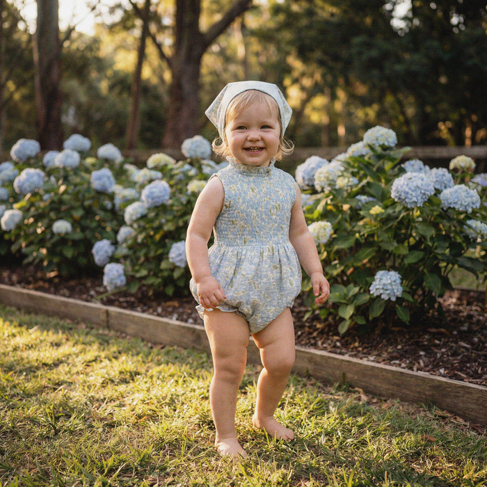 Petit Playa Organic Cotton Adaline Romper in Hydrangea print, breathable organic cotton clothing for babies and girls — image 3