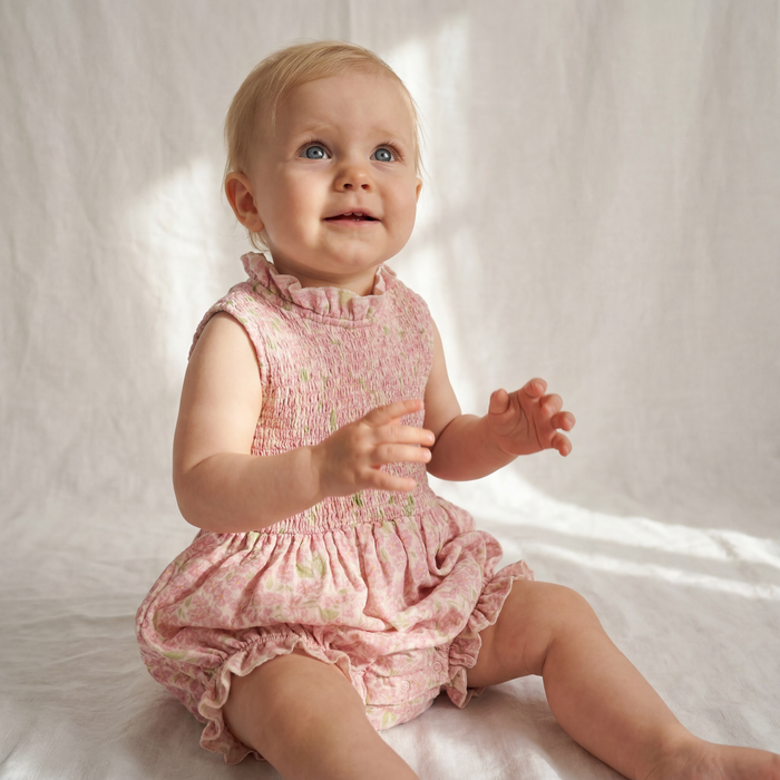 Petit Playa Organic Cotton Adaline Romper in Peony print, breathable organic cotton clothing for babies and girls