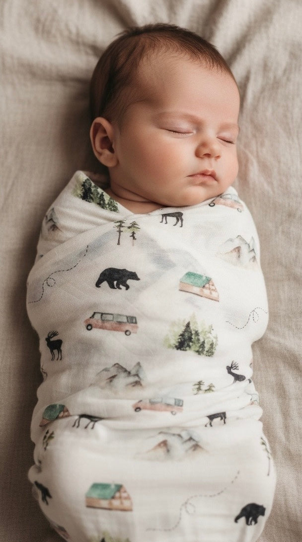 Newborn in Alaska organic muslin swaddle with nature-inspired print