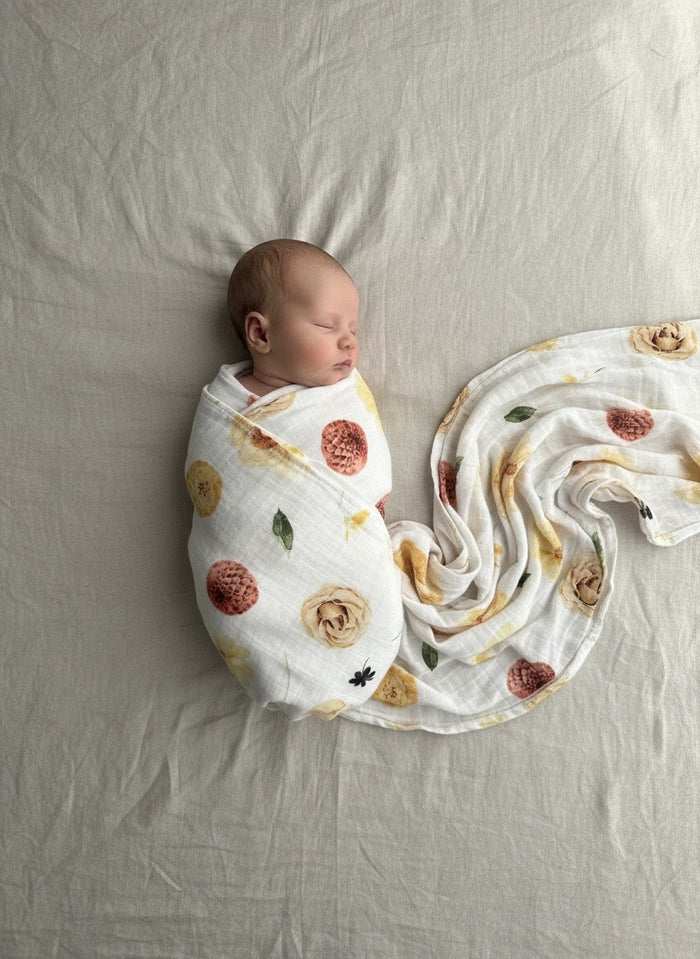 Organic cotton muslin swaddle wrap Autumn Flora floral print