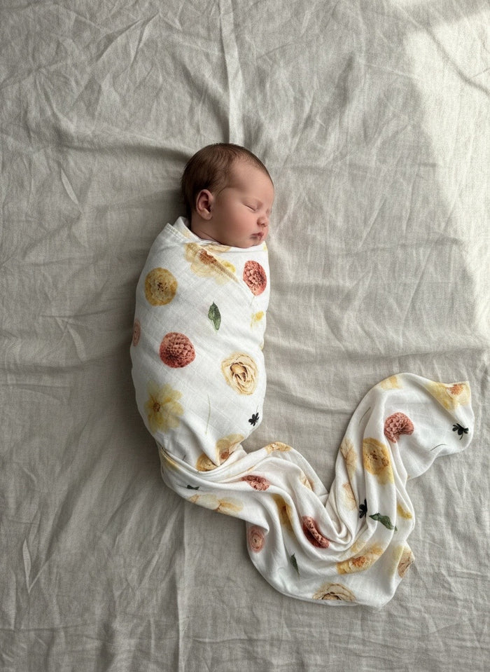 Autumn Flora organic muslin swaddle wrap for newborns