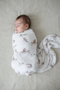 Organic cotton muslin swaddle wrap Barnyard Owls print