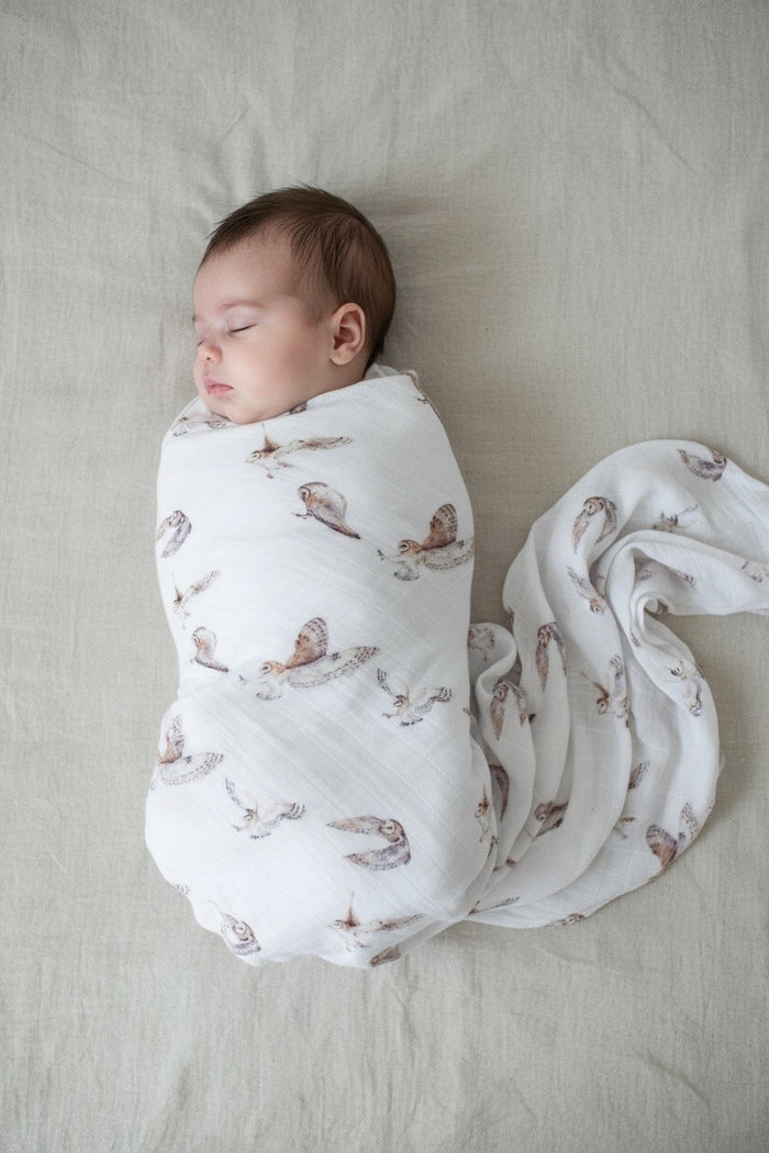 Organic cotton muslin swaddle wrap Barnyard Owls print