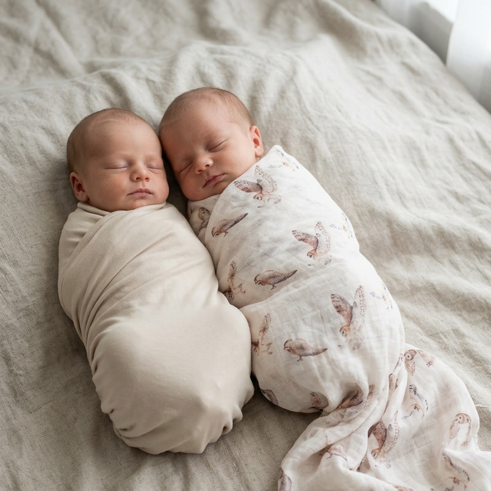 Two newborn babies wrapped in swaddles lying on a soft surface