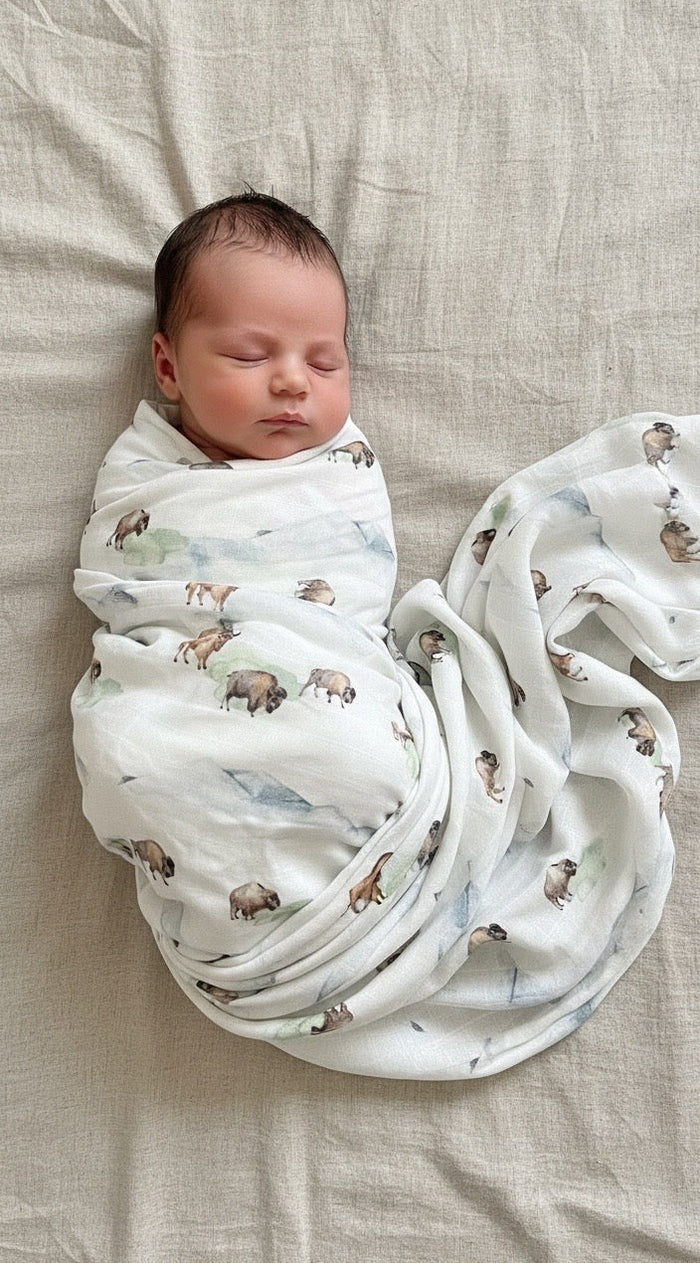 Organic cotton muslin swaddle wrap Bison print