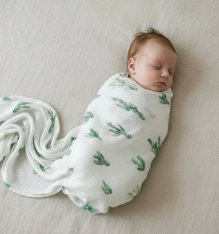 Organic cotton muslin swaddle wrap Cacti print