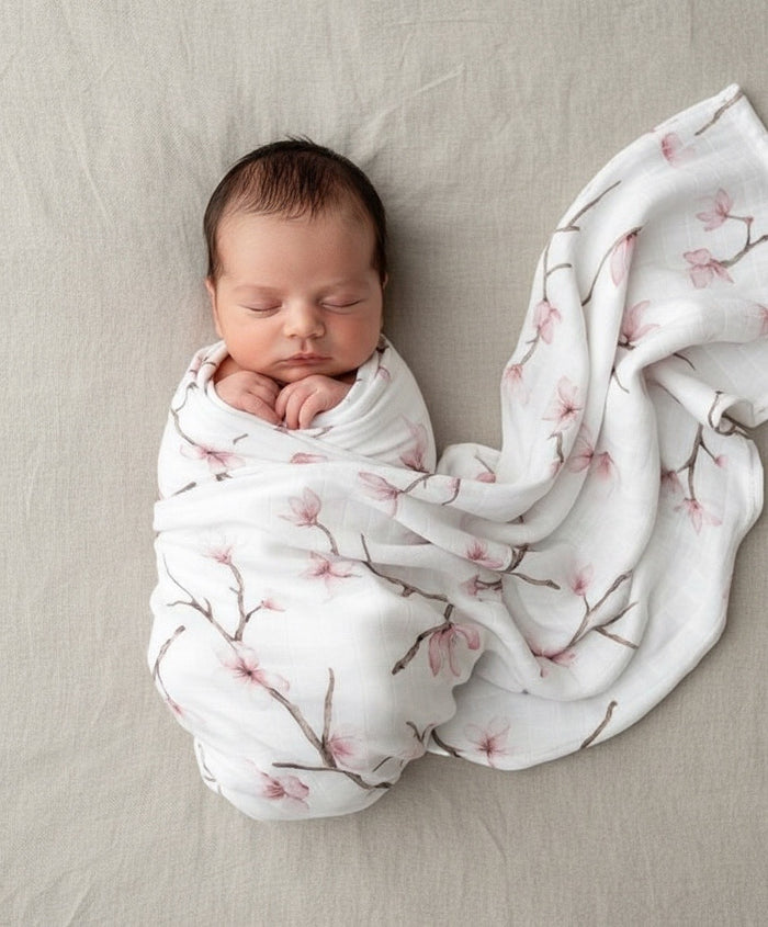 Organic cotton muslin swaddle wrap Cherry Blossom floral print