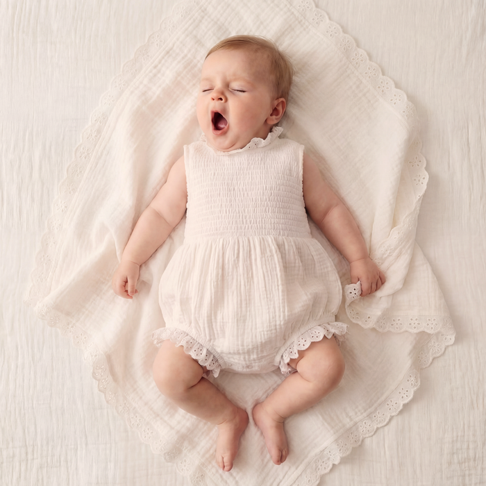 Petit Playa Organic Cotton Adaline Romper in Gardenia print, breathable organic cotton clothing for babies and girls