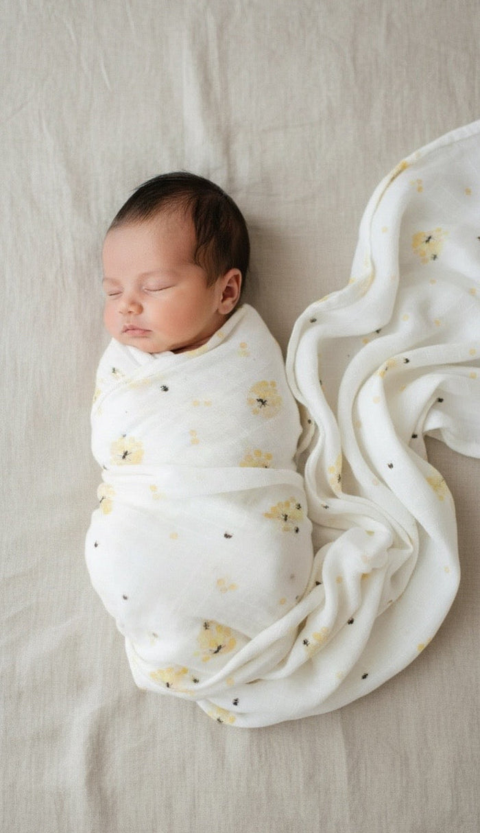 Organic cotton muslin swaddle wrap Honey Bees print