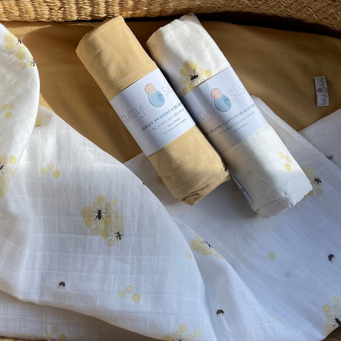 Honey Bees organic muslin swaddle with Turmeric wrap for newborns
