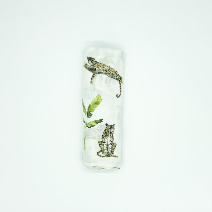 Lightweight organic cotton swaddle with jungle animal print