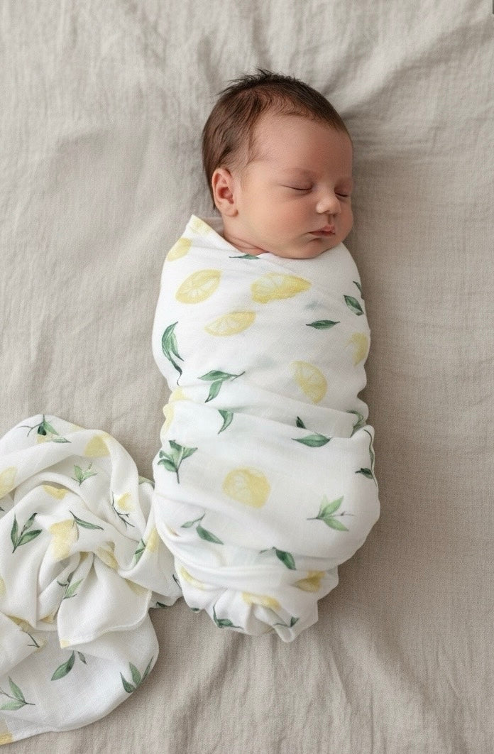 Organic cotton muslin swaddle wrap Lemonade print