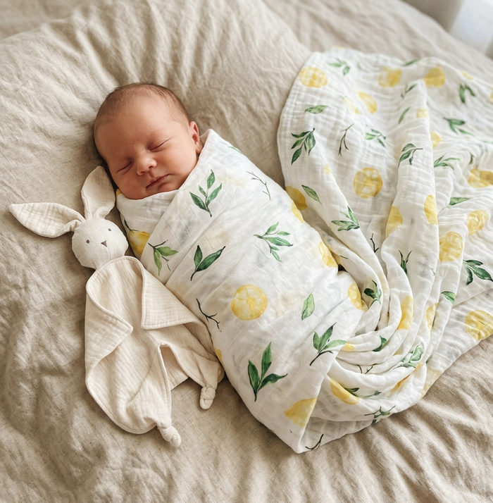 Newborn baby wrapped in a floral swaddle with a toy on a soft surface