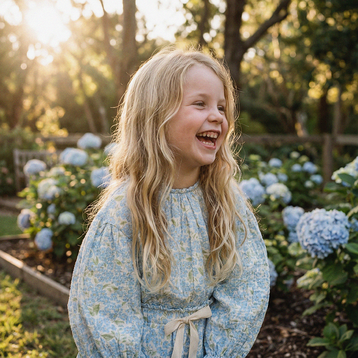 Petit Playa Organic Cotton Marlow Smock Top in Hydrangea print, breathable organic cotton clothing for babies and girls