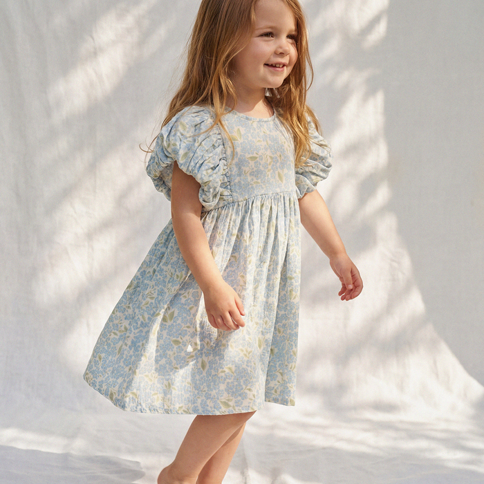 Petit Playa Organic Cotton Maya Dress in Hydrangea print, breathable organic cotton clothing for babies and girls