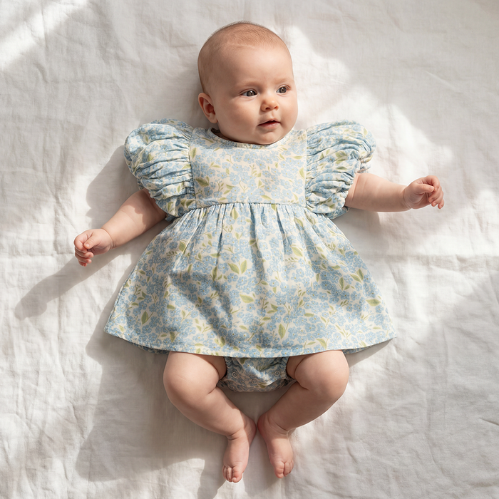 Petit Playa Organic Cotton Maya Romper Dress in Hydrangea print, breathable organic cotton clothing for babies and girls