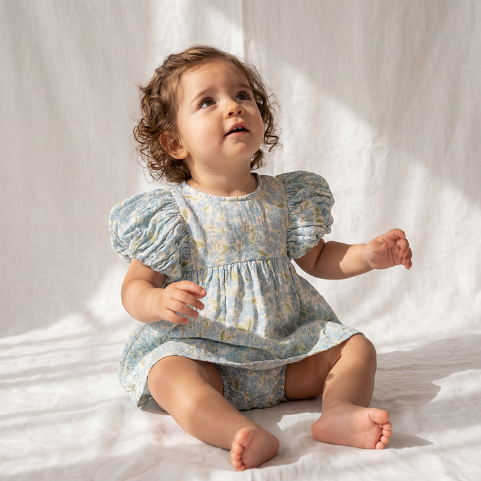 Petit Playa Organic Cotton Maya Romper Dress in Hydrangea print, breathable organic cotton clothing for babies and girls — image 2