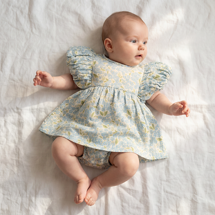 Petit Playa Organic Cotton Maya Romper Dress in Hydrangea print, breathable organic cotton clothing for babies and girls — image 3