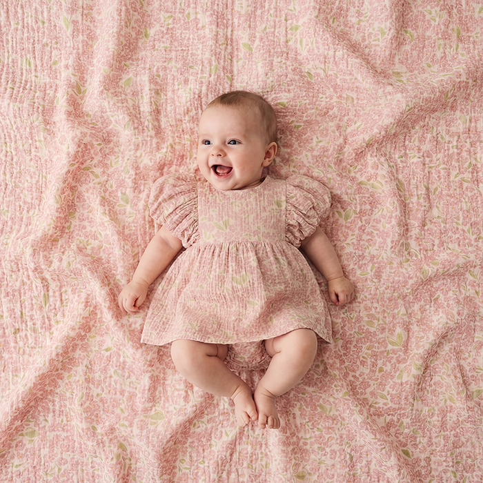 Petit Playa Organic Cotton Maya Romper Dress in Peony print, breathable organic cotton clothing for babies and girls