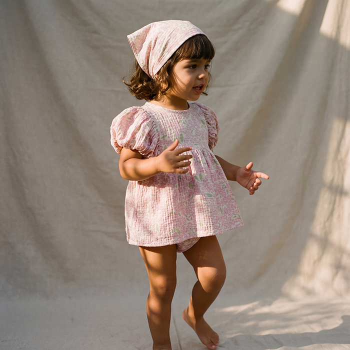 Petit Playa Organic Cotton Maya Romper Dress in Peony print, breathable organic cotton clothing for babies and girls — image 2